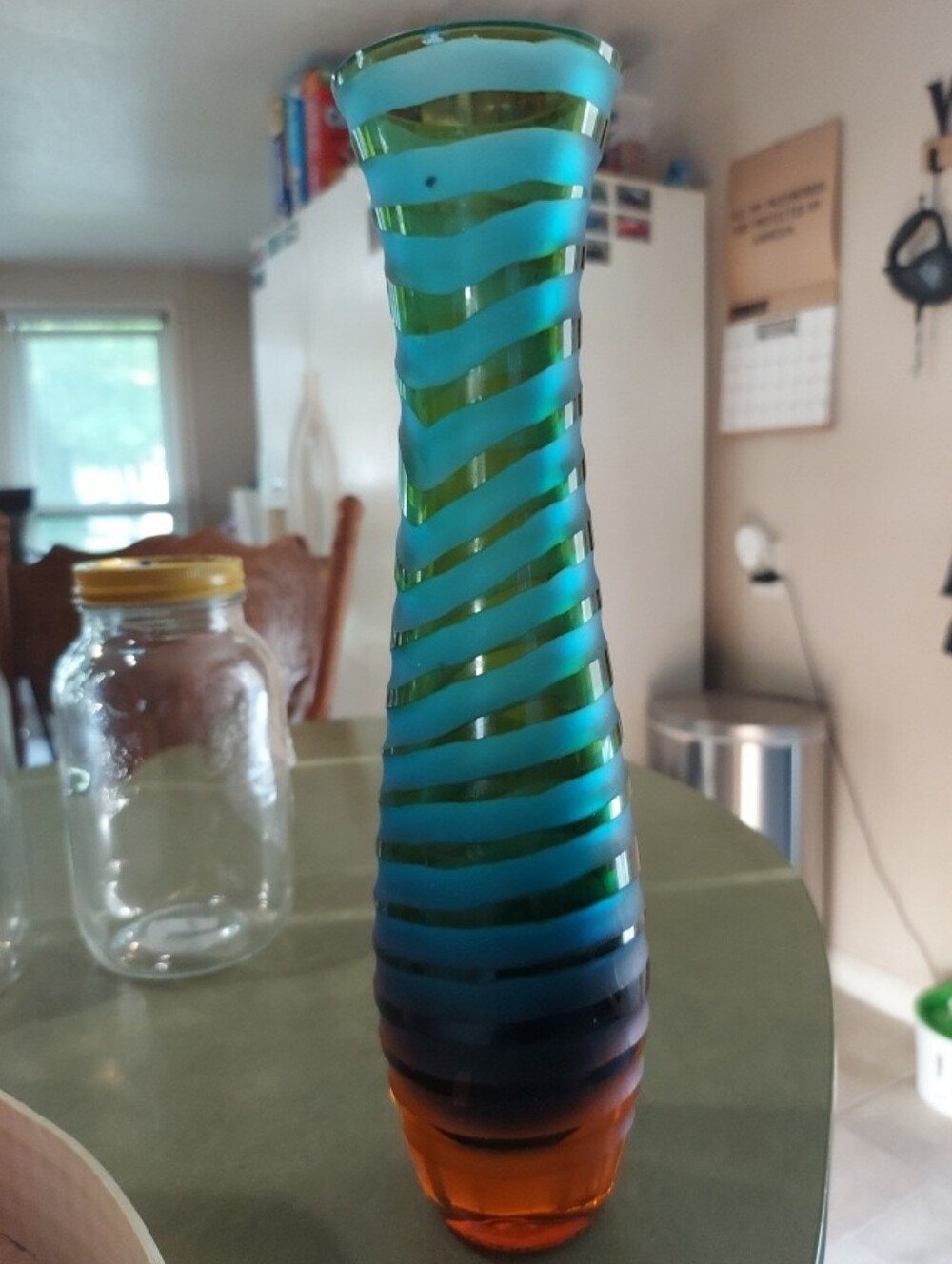 Handblown Swirl Glass Bud Vase in Blue, Green & Amber Vintage Sighned.